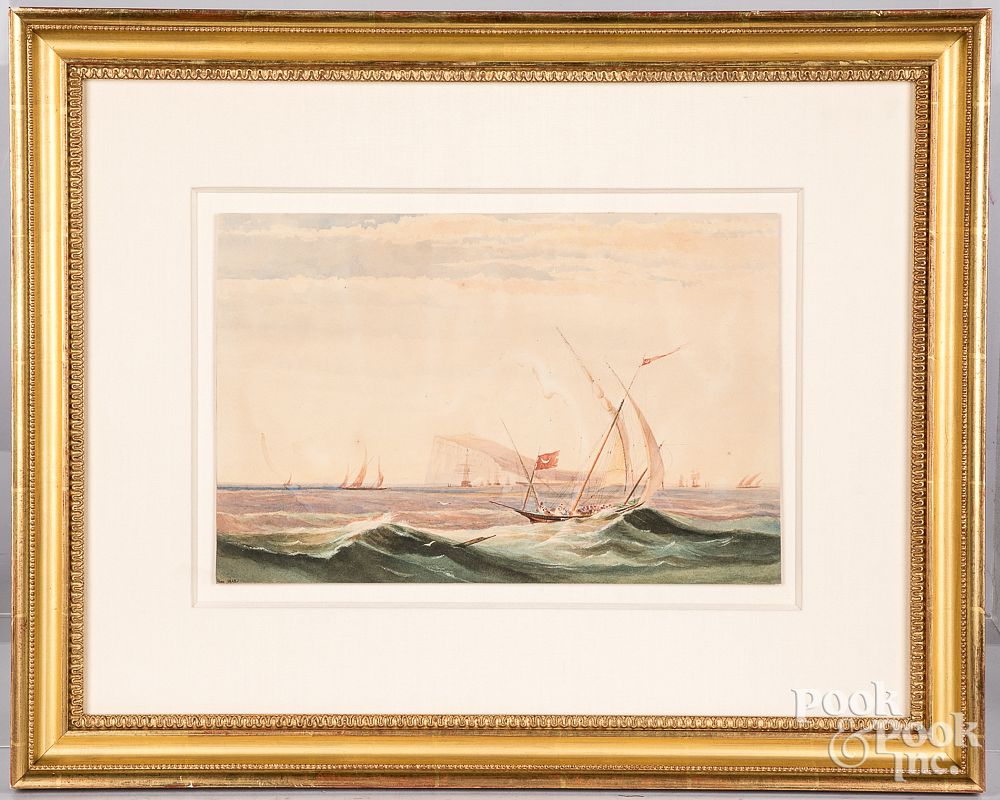 Appraisal: Watercolor of ships at the Rock of Gibraltar Watercolor of