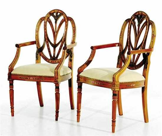 Appraisal: Pair George III paint-decorated satinwood armchairs shieldback with carved Prince