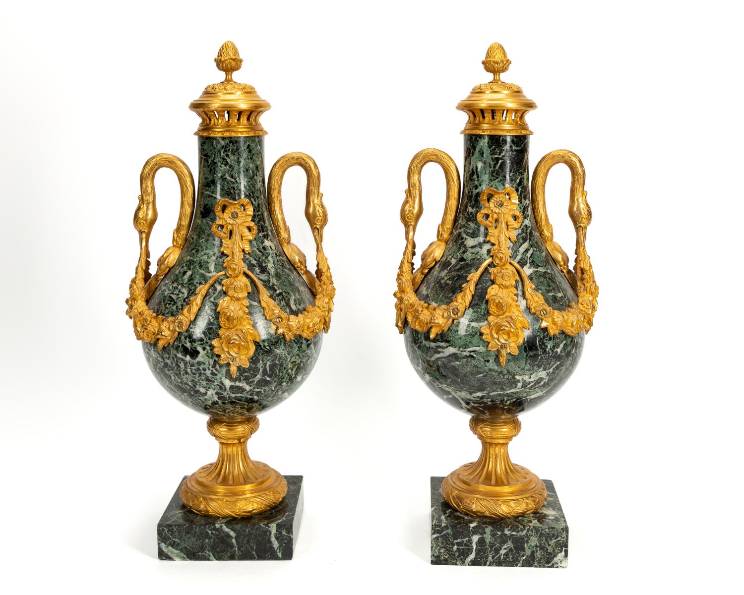 Appraisal: PR LOUIS XVI-STYLE MARBLE BRONZE CASSOLETTES Pair of green marble