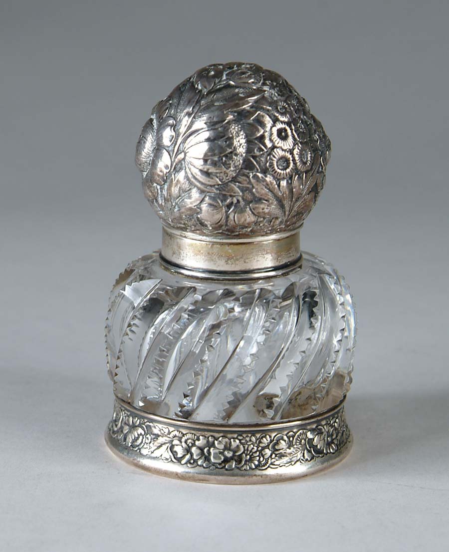 Appraisal: SILVER GLASS INKWELL Beautiful cut glass inkwell has swirled pattern