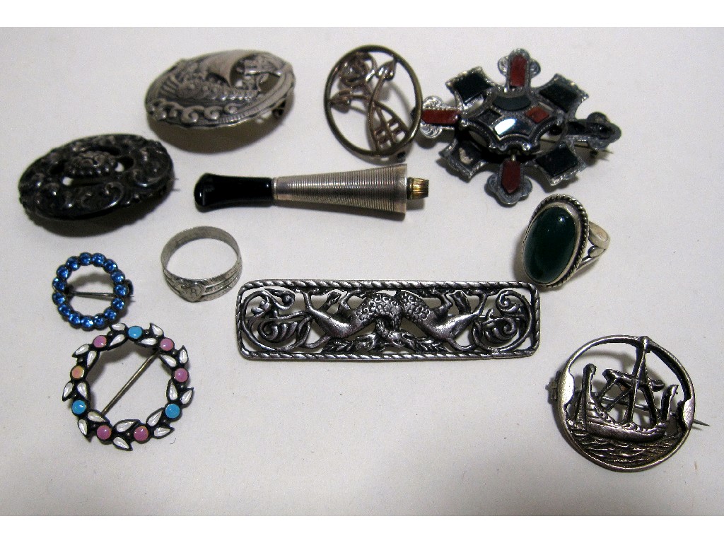 Appraisal: Lot comprising silver cigarette holder Scottish silver brooches silver rings