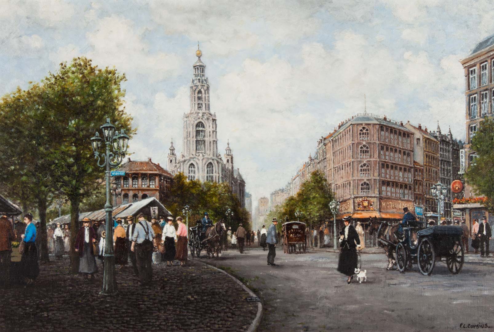 Appraisal: F L Corvius Street Scene Brussels oil canvas Continental th