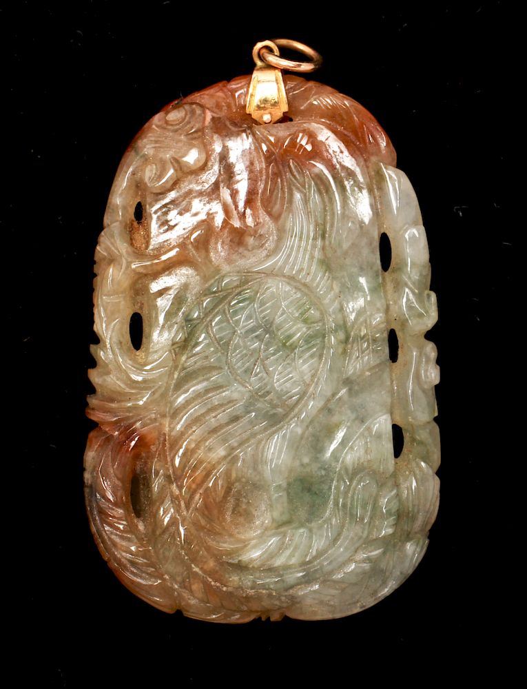 Appraisal: K Gold Russet Green Jade Dragon Phoenix Pendant Russet and