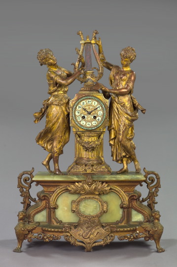 Appraisal: Imposing French Gilt-Brass- and Spelter-Mounted Green Onyx Figural Mantel Clock