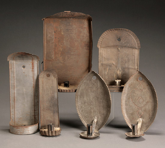 Appraisal: Group of Six American Pressed Tin Candle Sconces th-Early th