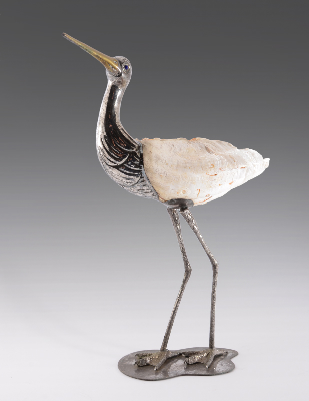 Appraisal: BINAZZI FORESTO ITALIAN BIRD WITH SHELL FIGURE Stork or egret