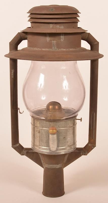 Appraisal: Tin Post Lantern with Glass Shade and Burner Antique Tin