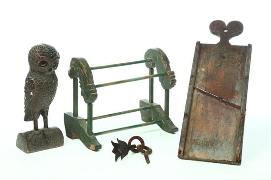 Appraisal: FOUR FOLKSY ITEMS American th century Wooden shoe rack in