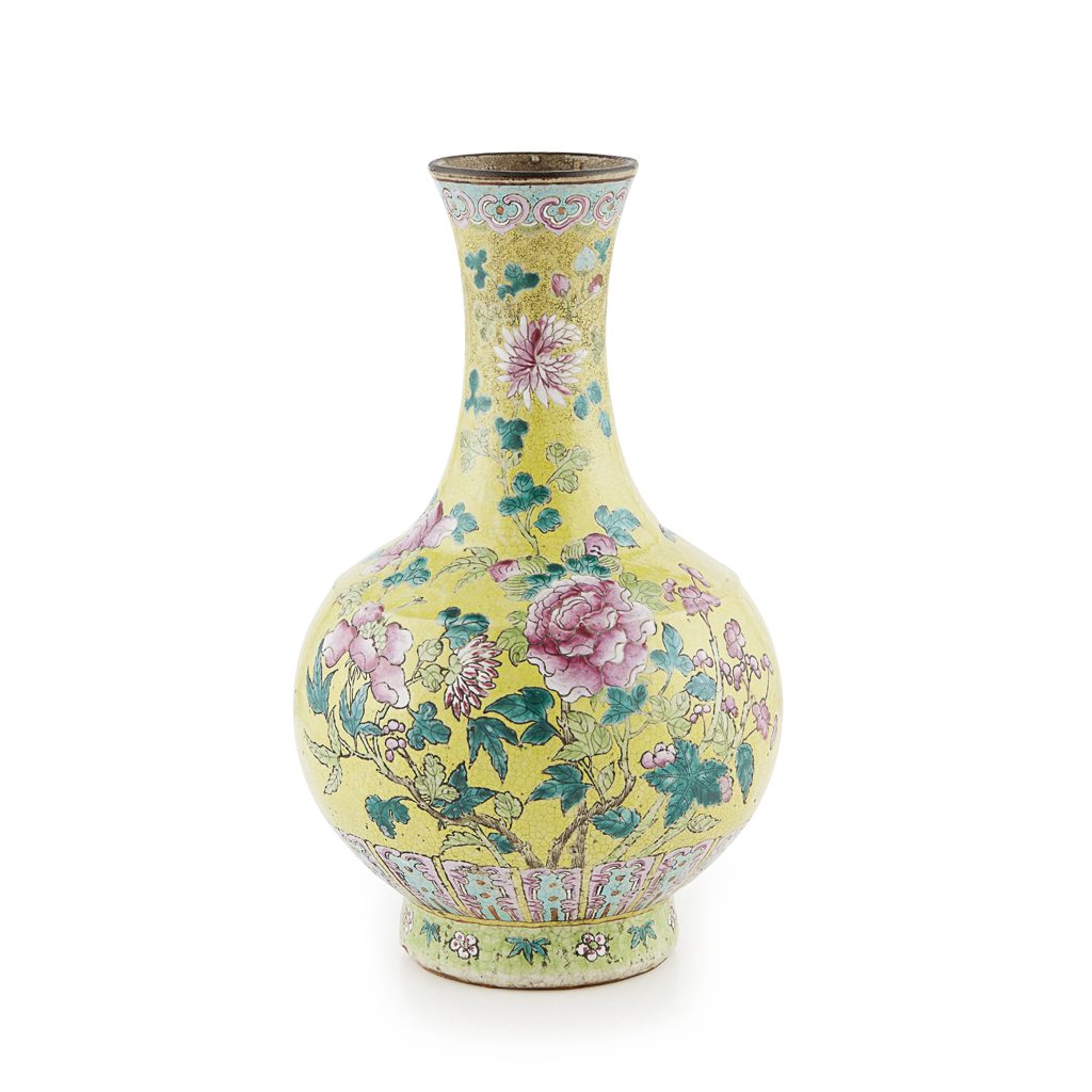 Appraisal: CRACKLE-GLAZE BOTTLE VASE QING DYNASTY TH CENTURY the exterior painted