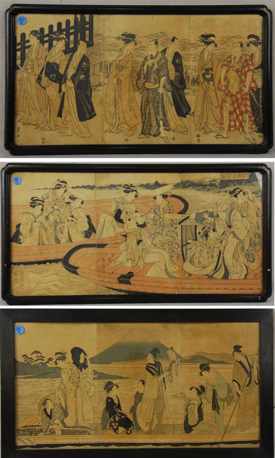 Appraisal: THREE JAPANESE FRAMED TRIPTYCH WOODBLOCK PRINTS depicting figures on boats