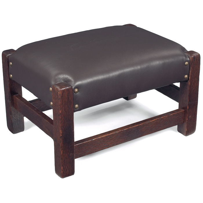 Appraisal: Gustav Stickley footstool recovered leather cushion refinished branded signature ''w