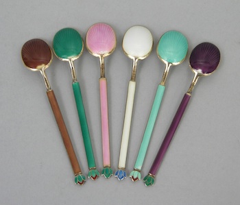 Appraisal: A Set of Six Norwegian Enameled Sterling Silver Spoons by