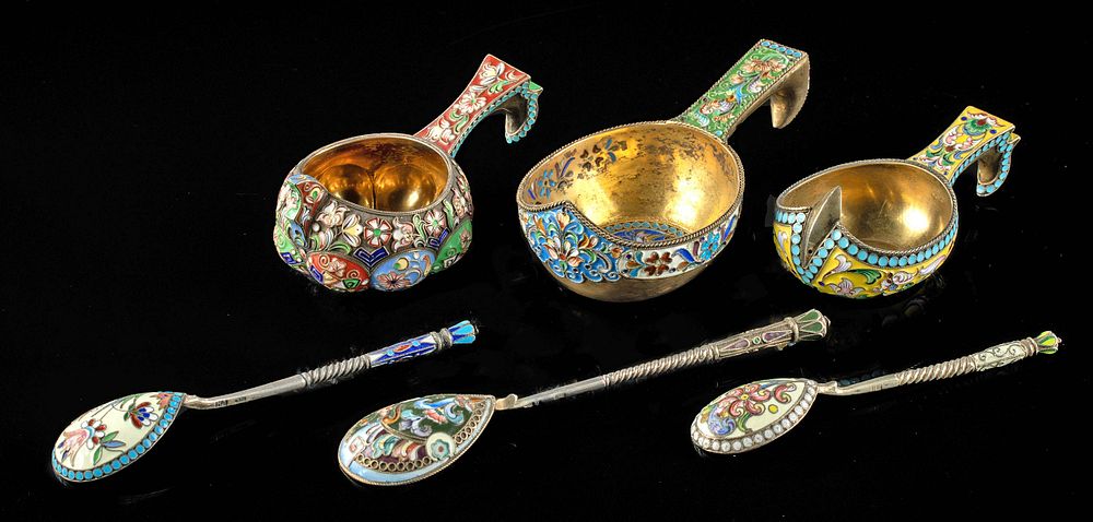 Appraisal: th C Russian Cloisonne Silver Kovsh Spoons Eastern Europe Russia