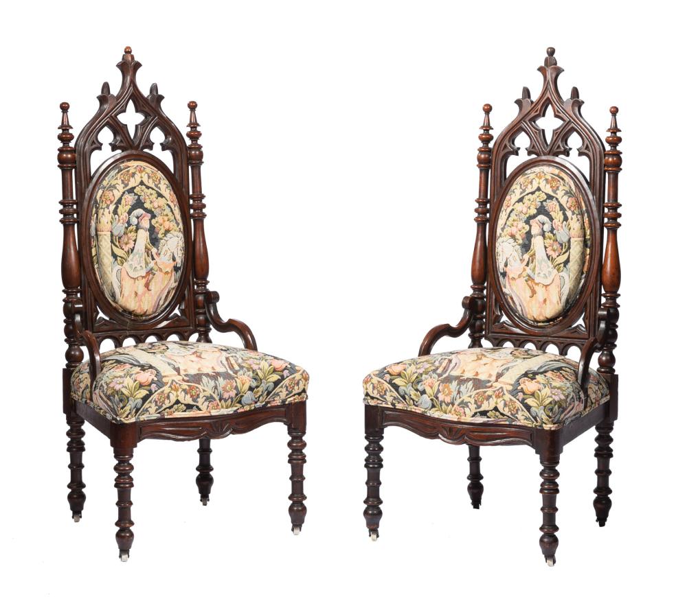 Appraisal: Pair of American Gothic Carved Mahogany Side Chairs mid- th