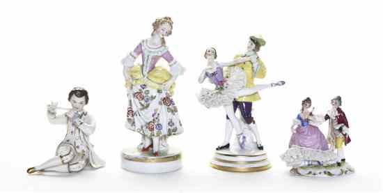 Appraisal: Four German Porcelain Figural Groups comprising a seated flute player