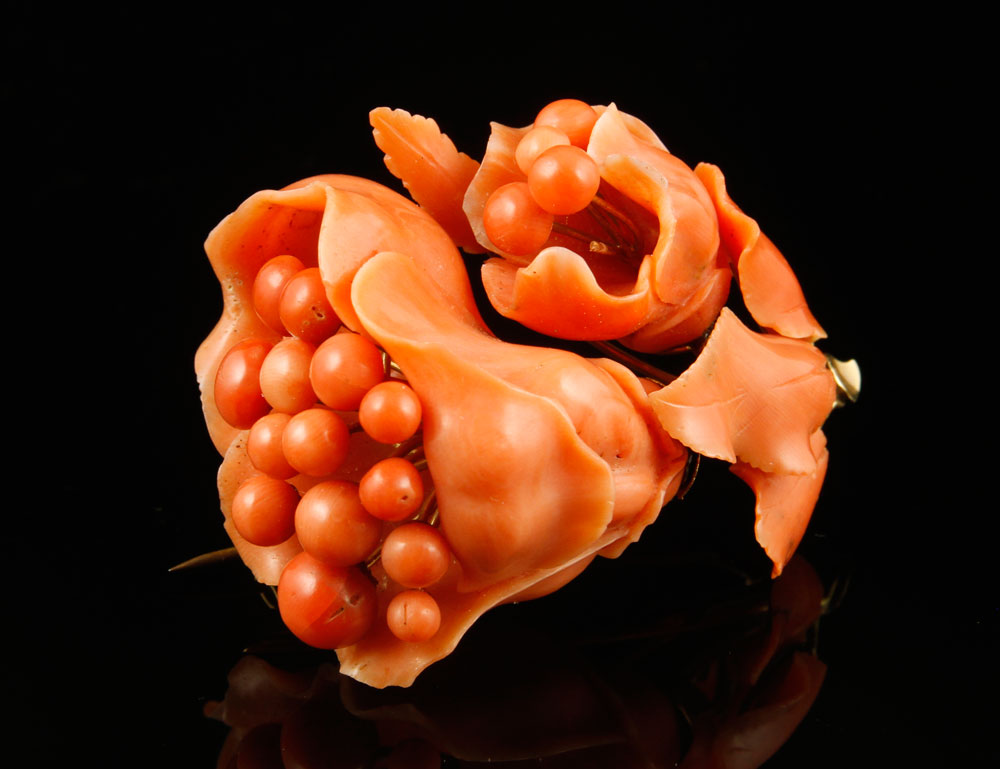 Appraisal: - Antique Coral Floral Pin Antique carved coral and K