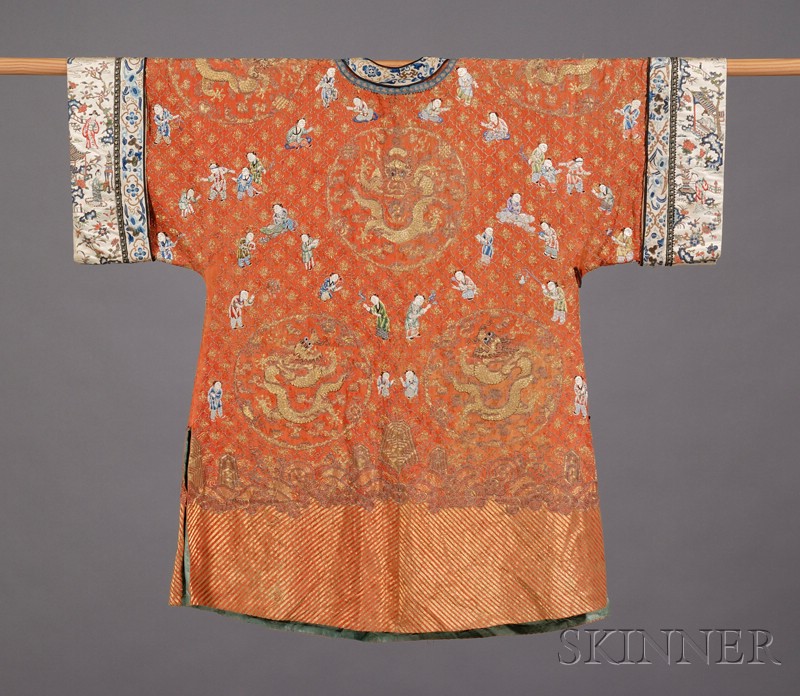 Appraisal: Formal Robe China th century embroidery of children gold dragons