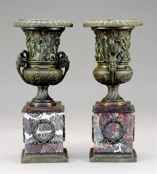 Appraisal: Pair Charles X style bronze and marble urns decorated with