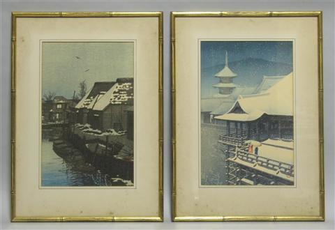 Appraisal: FOUR JAPANESE SHINHANGA PRINTS Two prints in wood frames and