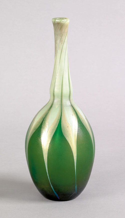 Appraisal: Tiffany favrile glass vase with green pulled feather decoration signed