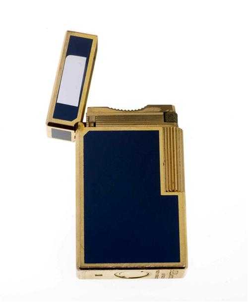 Appraisal: LACQUERED LIGHTER DUPONT Gold-plated Rectangular gas lighter with blue-lacquered sides