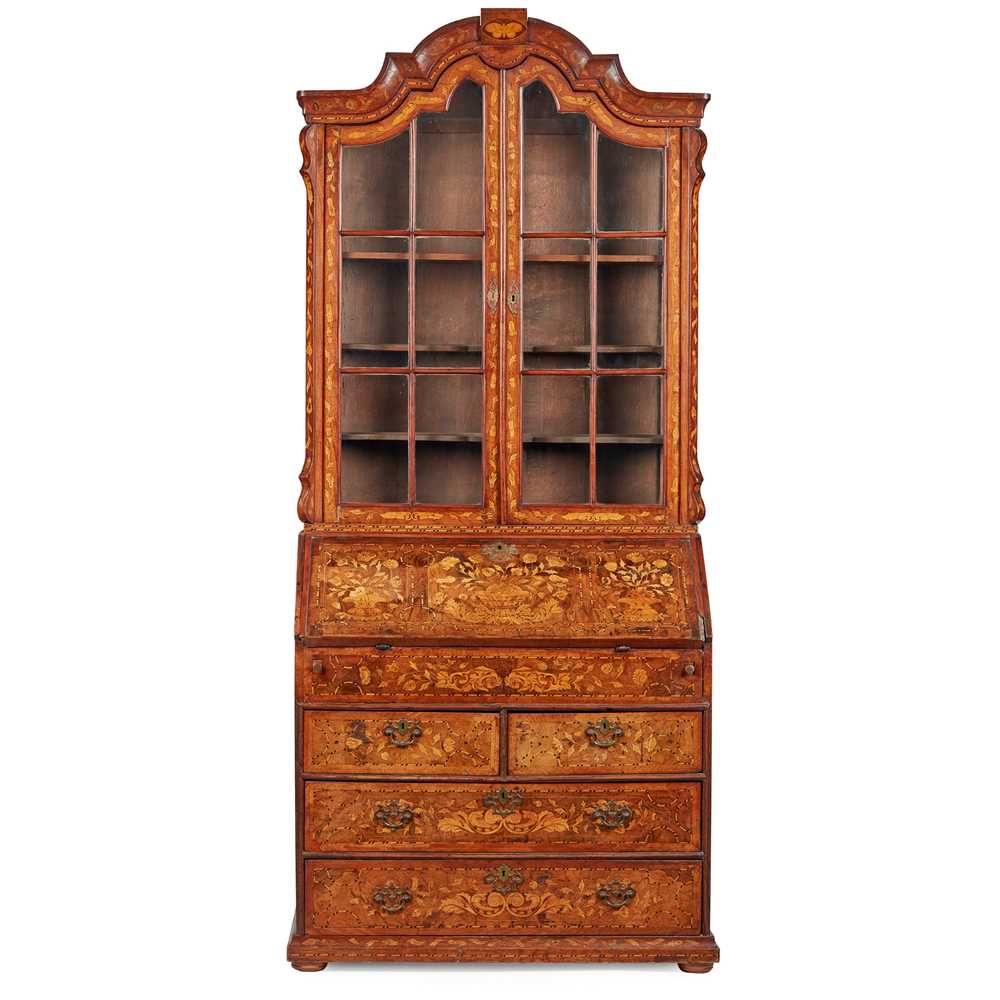 Appraisal: DUTCH WALNUT AND MARQUETRY BUREAU BOOKCASE TH CENTURY with a