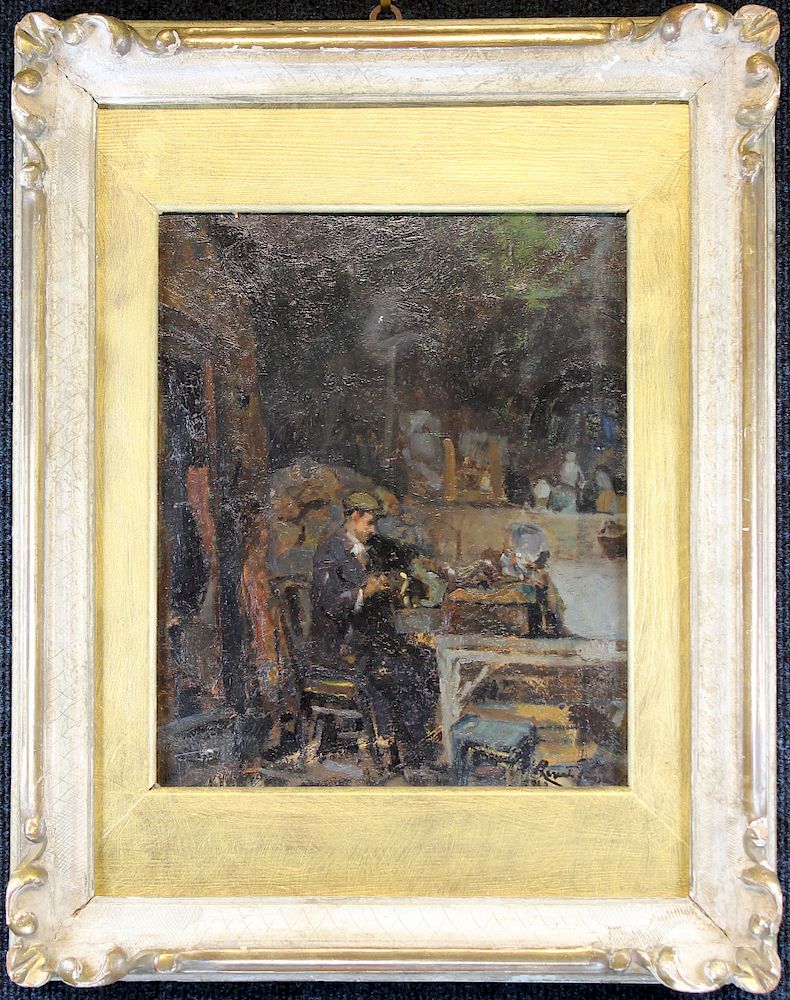 Appraisal: Signed Impressionist Painting of Man in Workshop Signed Impressionist Painting