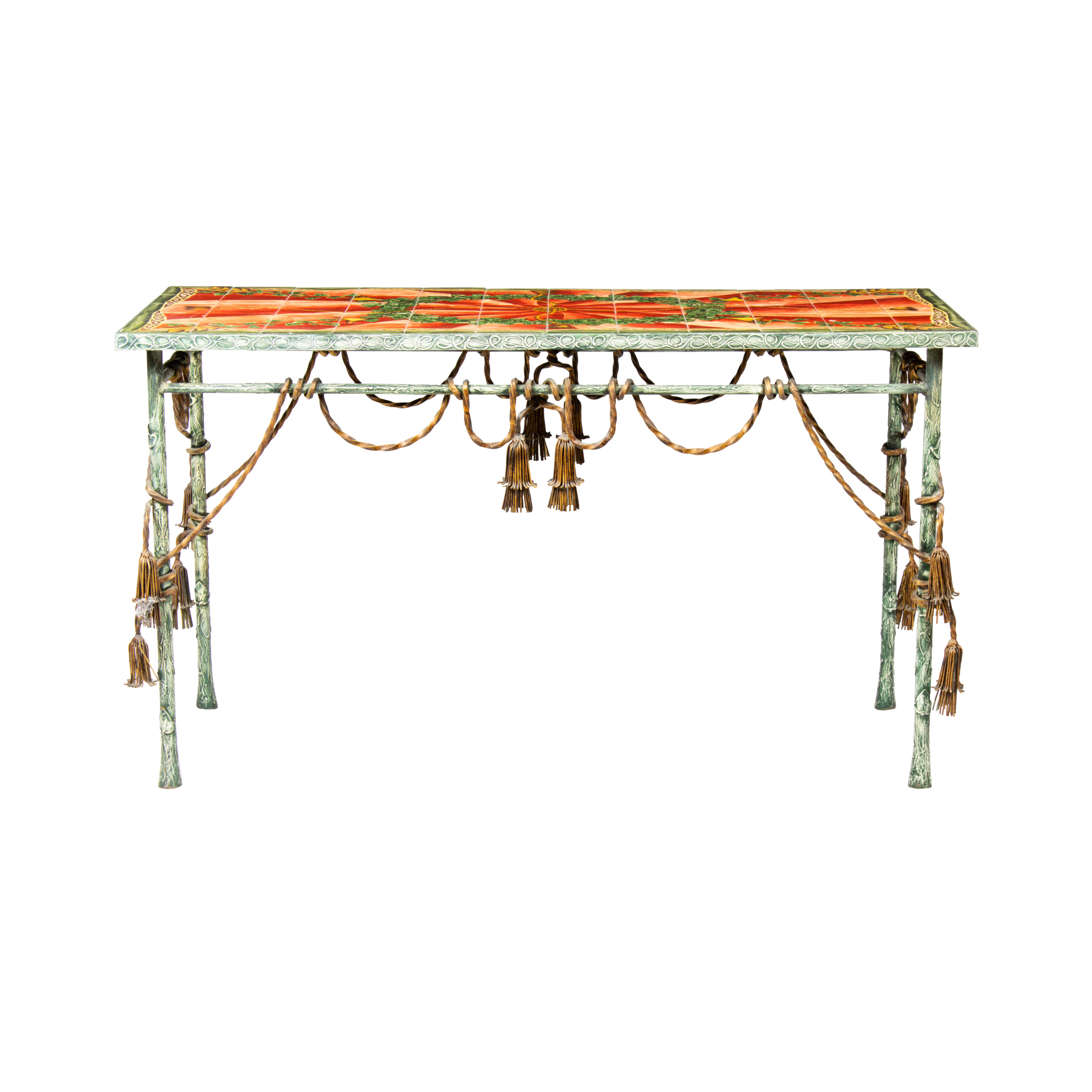 Appraisal: A MODERN ITALIAN STYLE PATINATED METAL AND POLYCHROME CONSOLE TABLE