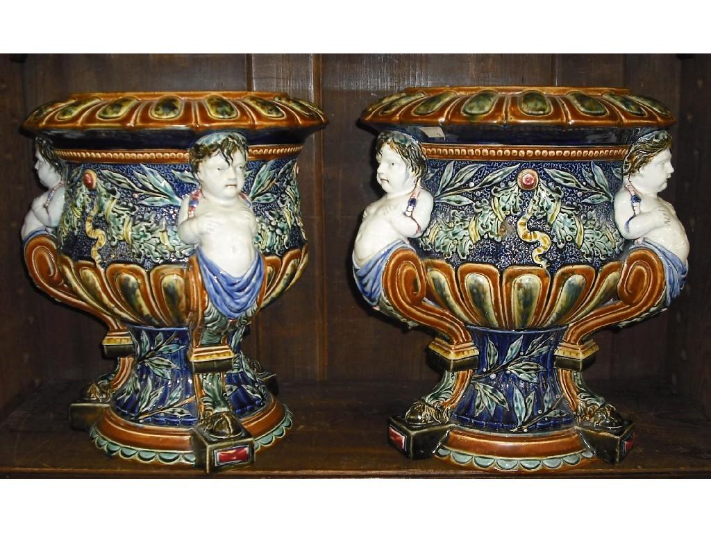 Appraisal: Pair of decorative Continental majolica urns of campagna form each