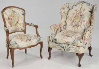 Appraisal: Queen Anne Style Wing Back Chair cabriole legs floral silk