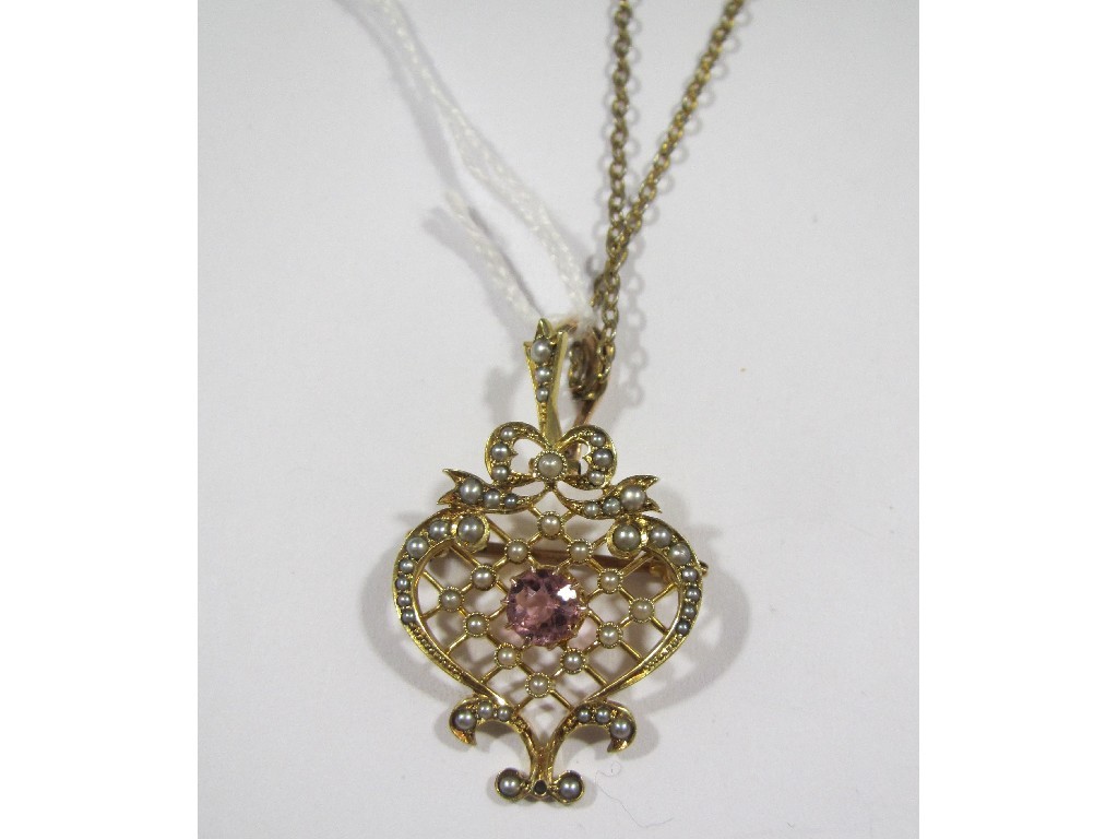 Appraisal: Edwardian ct gold pink tourmaline and seed pearl set pendant