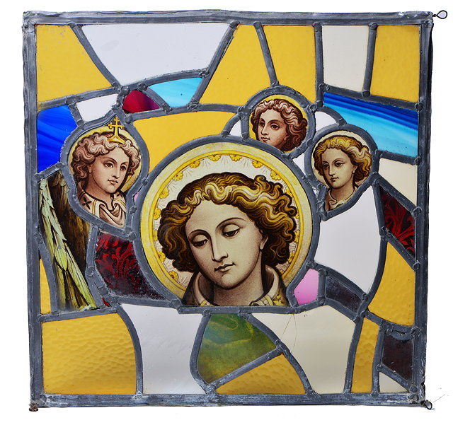 Appraisal: A SQUARE STAINED GLASS WINDOW with the antique painted heads