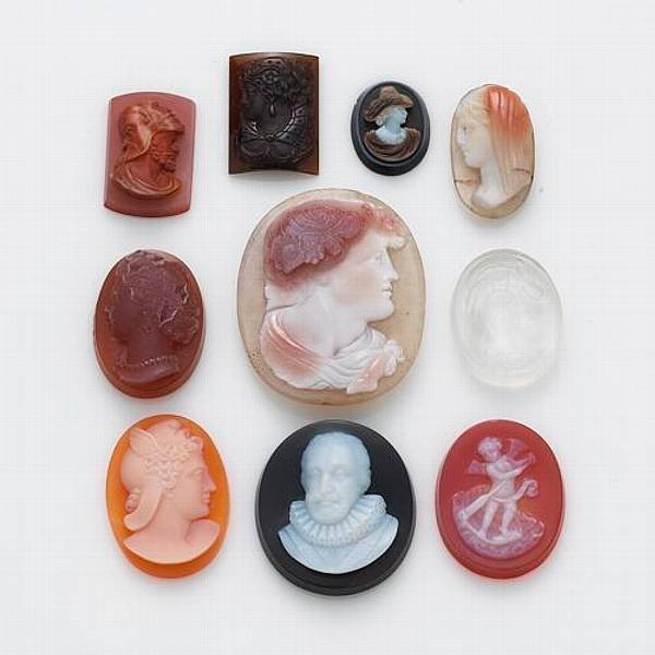 Appraisal: A collection of eleven cameos comprising stone and glass cameo