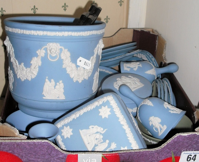 Appraisal: Collection Of Wedgwood Blue Jasperware to include various plates vases