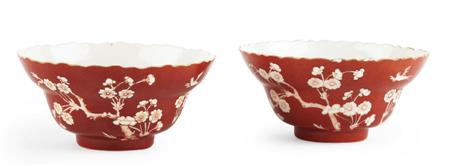 Appraisal: PAIR OF CHINESE IRON RED GLAZED BOWLS JIAQING MARK AND