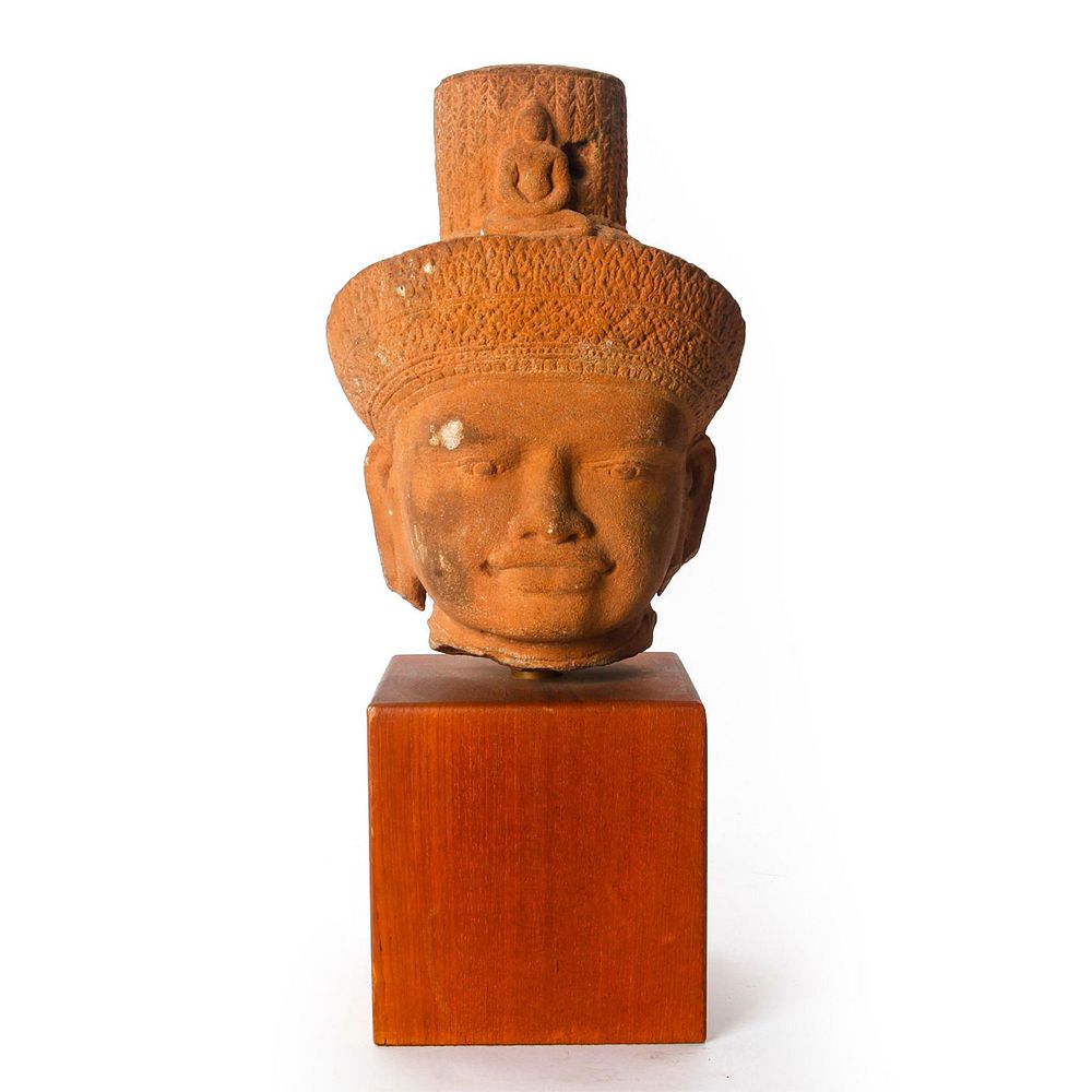 Appraisal: th C KHMER HEAD OF VISHNU ON WOODEN BASE A