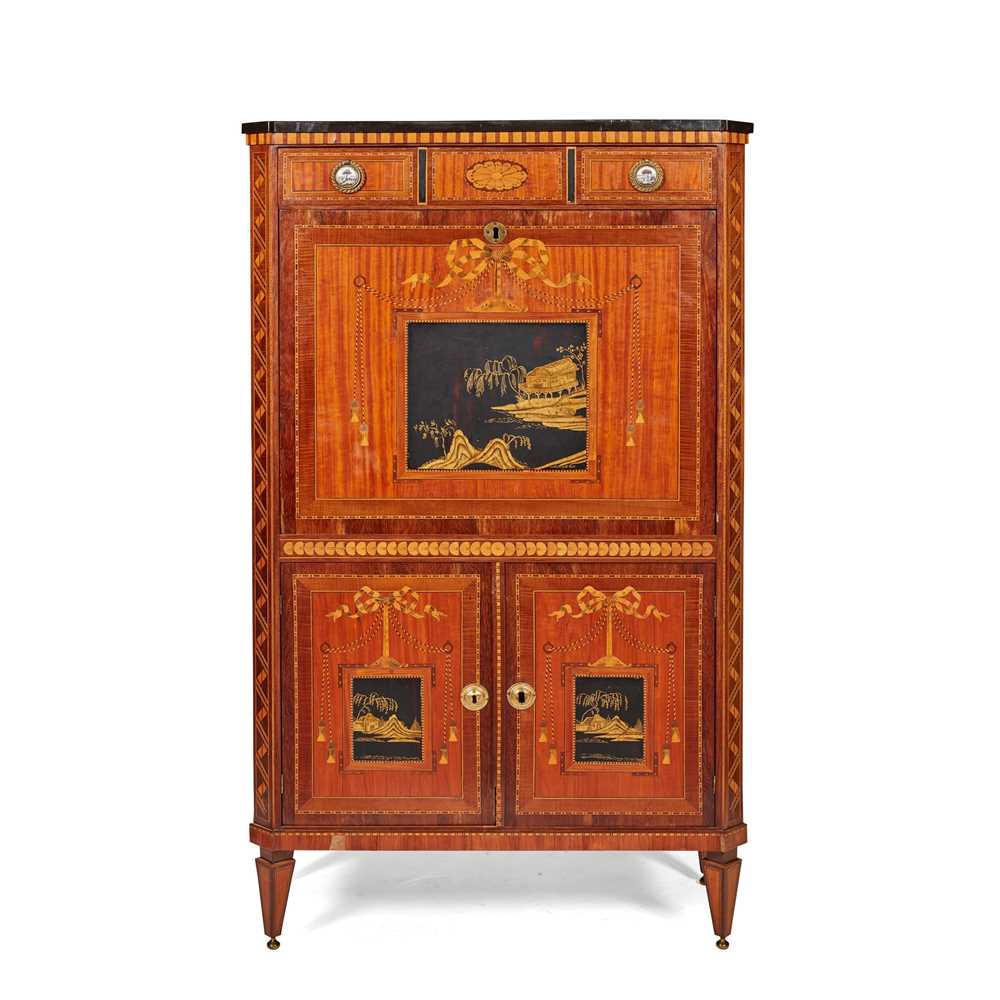 Appraisal: DUTCH NEOCLASSICAL SATINWOOD AMARANTH MARQUETRY AND JAPANNED FALL FRONT SECRETAIRE