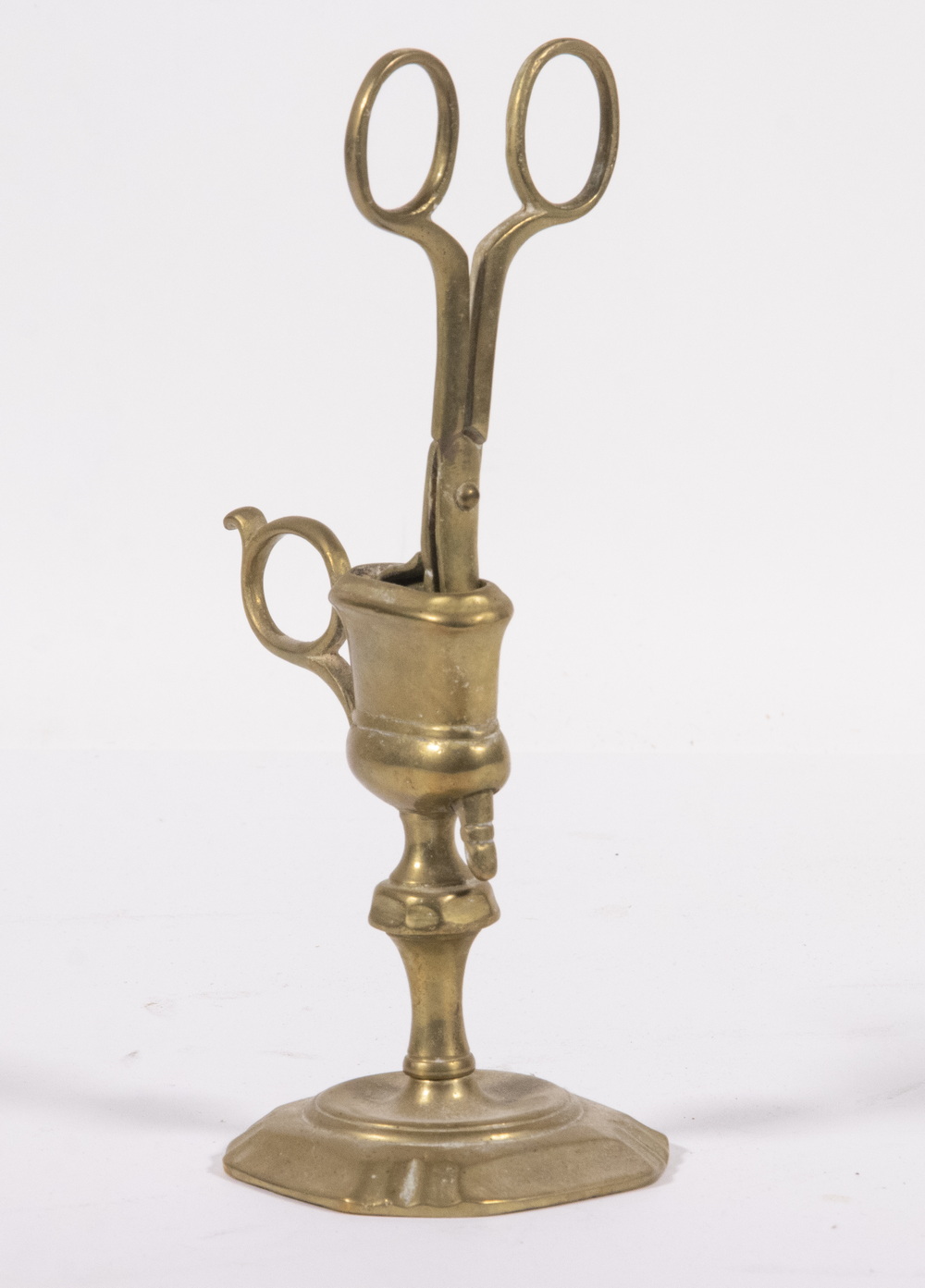 Appraisal: BRASS CANDLE SNUFFER WITH STAND Early th c Scissors Form