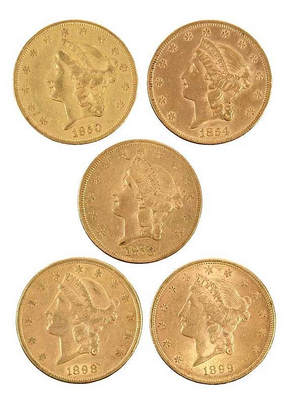 Appraisal: Five Liberty Head Gold Double Eagles group includes dates -S