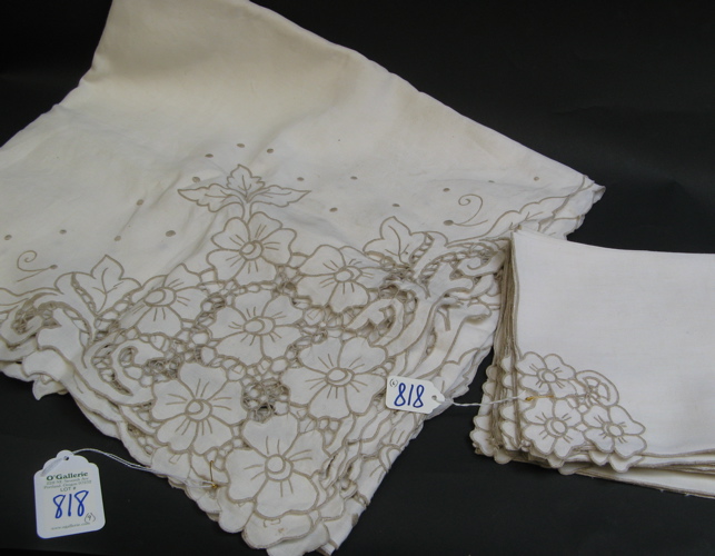 Appraisal: IRISH LINEN TABLECLOTH AND EIGHT NAPKINS each embroidered with cutwork