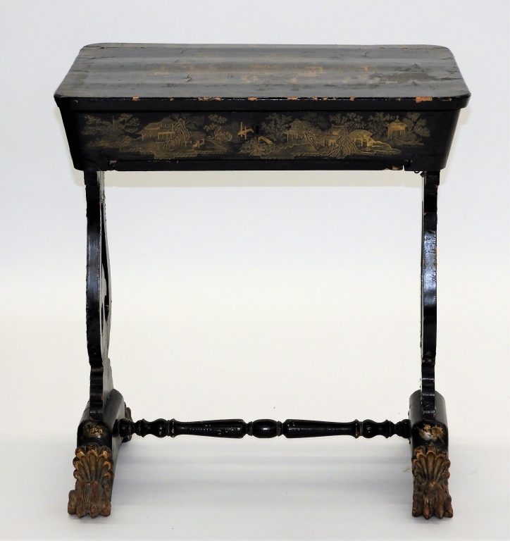 Appraisal: CHINESE EXPORT GILT LACQUER SEWING STAND Chinese Circa Black lacquer