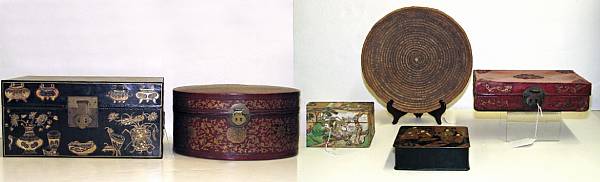 Appraisal: Four Chinese boxes one English box and a Navajo basket