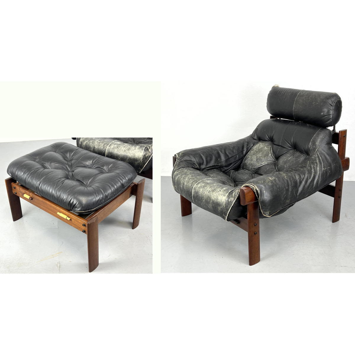 Appraisal: pc Brazil Percival Lafer Lounge Chair Ottoman Black Leather Cushions