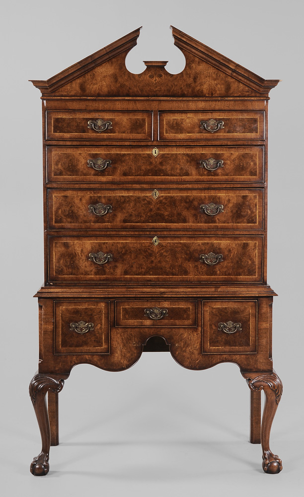 Appraisal: George II Style Burlwood-Veneered High Chest British th century with