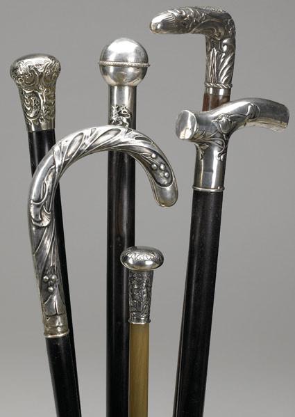 Appraisal: SILVER-HANDLED WALKING STICKS Group of six includes three canes and