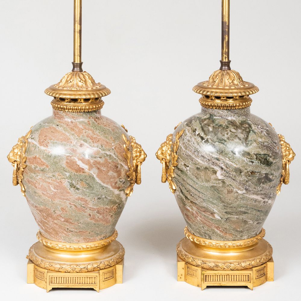 Appraisal: Pair of Louis XVI Style Ormolu-Mounted Marble Lamps x x