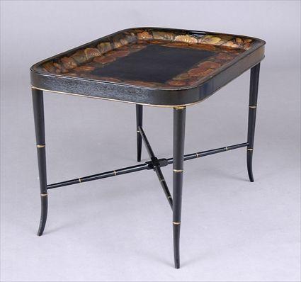 Appraisal: REGENCY STENCIL-DECORATED TOLE TRAY ON LATER STAND The rim pierced