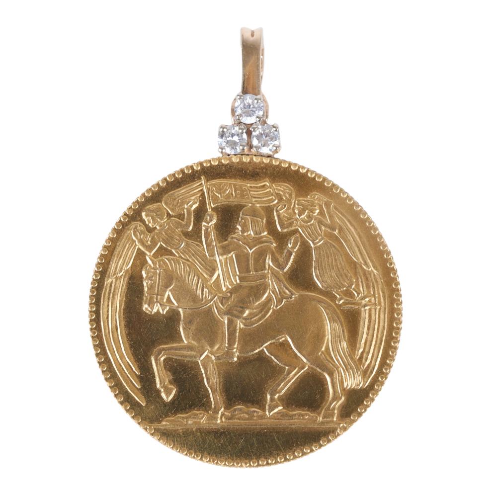 Appraisal: Medieval Knight K yellow gold and diamond token coin medallion