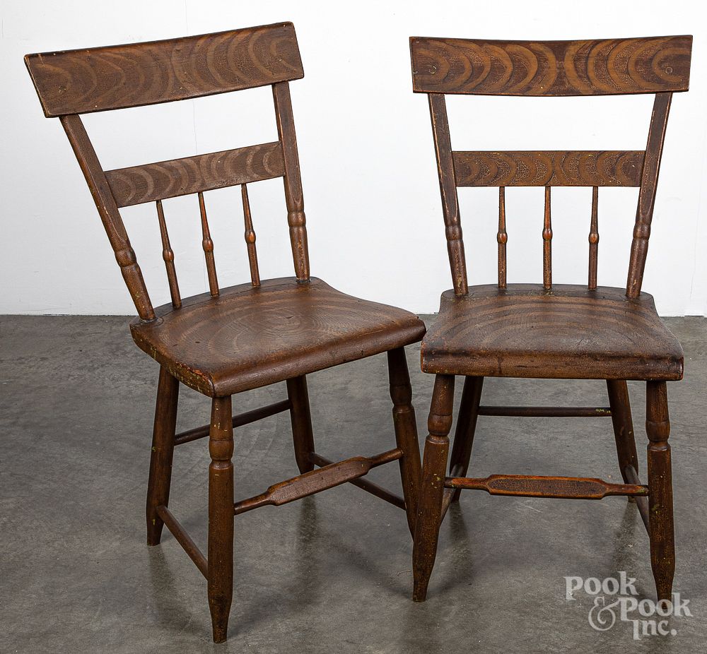 Appraisal: Pair of painted plank seat chairs th c Pair of