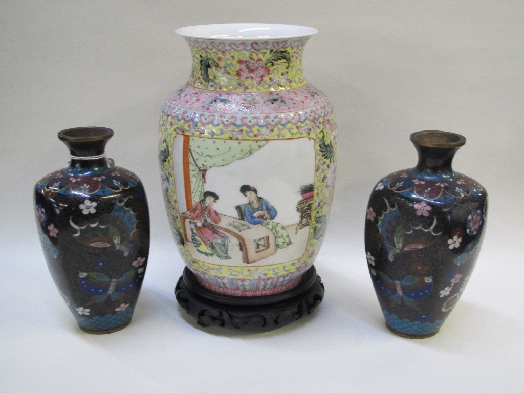 Appraisal: Famille rose vase and a pair of Cloisonne vases